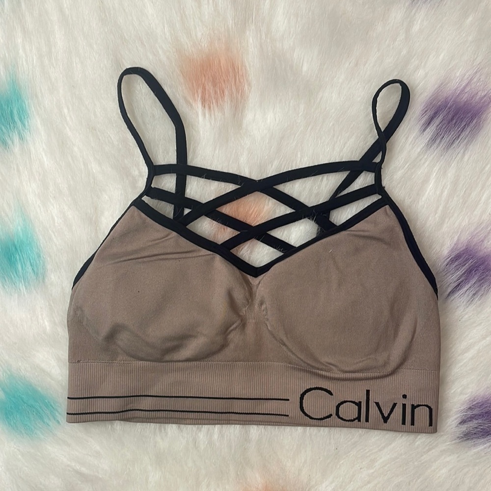 Calvin Klein Grey‎ & Black Crisscross Strap Woman’s Sports Bra Size Small